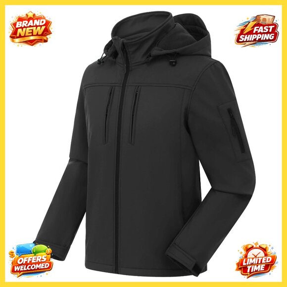 Men's Softshell Military Jacket Removable Hood Fleece Lined Water Repellent